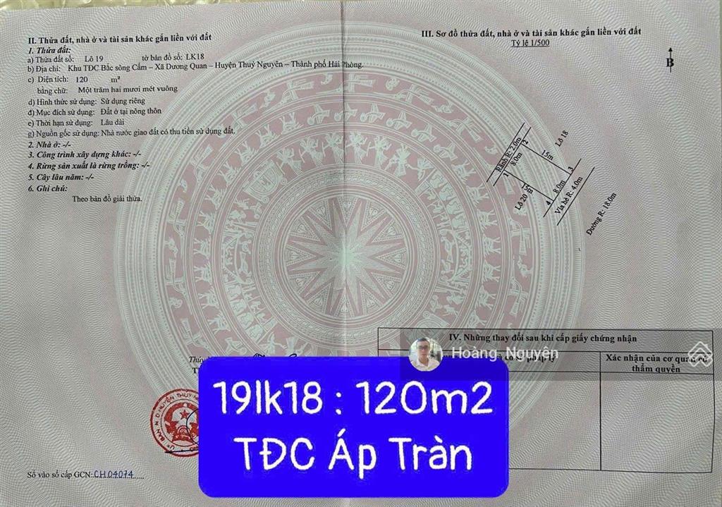 Bán lô biệt thự 120m2 trục đường 26m tđc áp tràn gần tthc thủy nguyên và kcn vsip