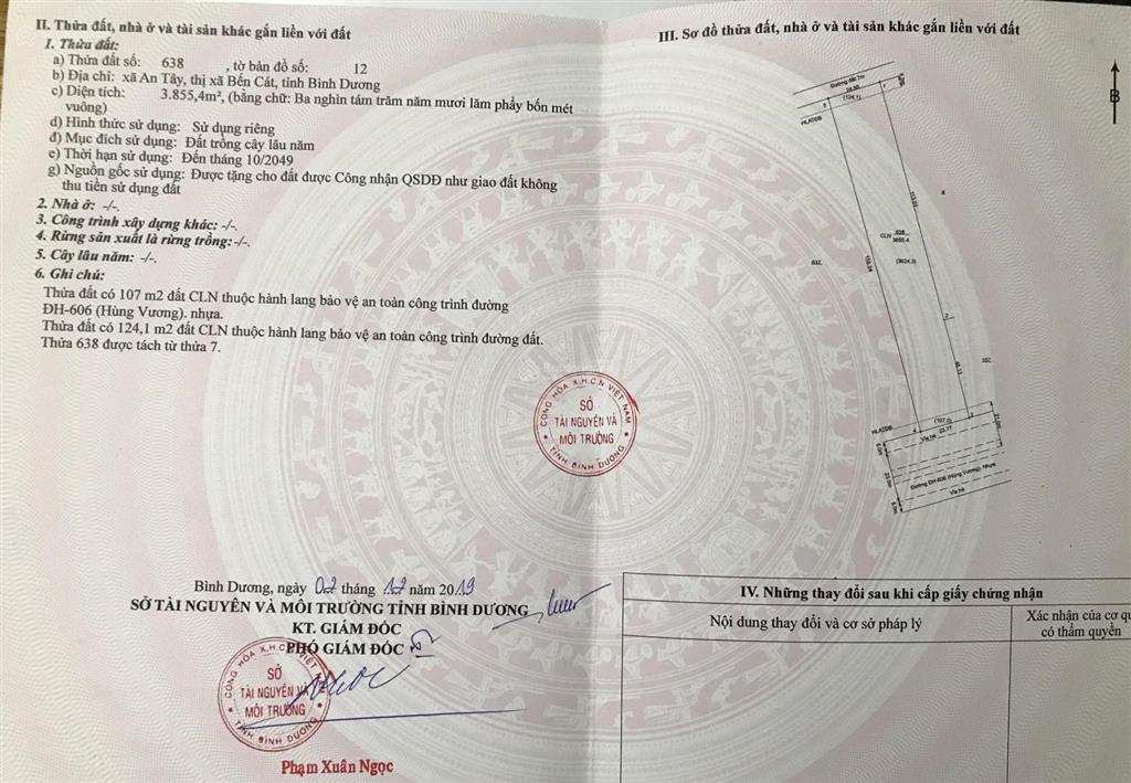 Bán đất 2 mt hùng vương, p. tây nam, hcm (an tây, bến cát, bình dương cũ) 3855m2, có 300m2 thổ cư.