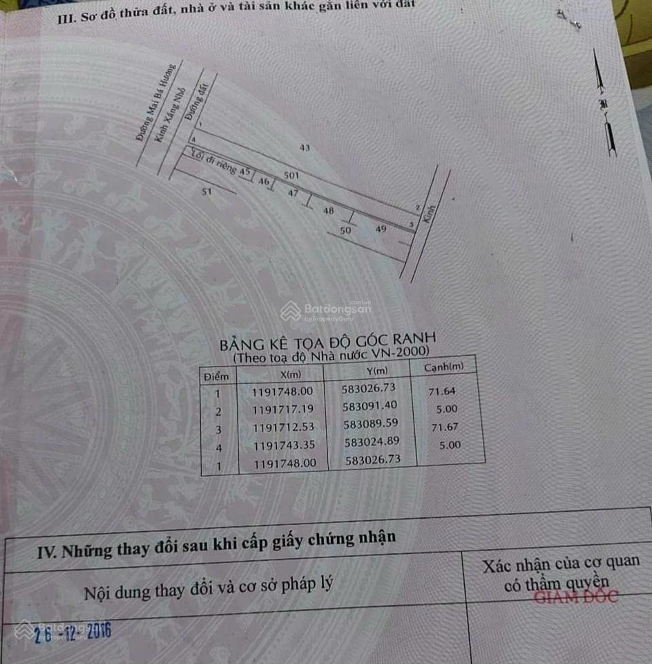 Đất vườn 355m2 quy hoạch dân cư hiện hữu (được chuyển thổ cư) mặt tiền đường mai bá hương