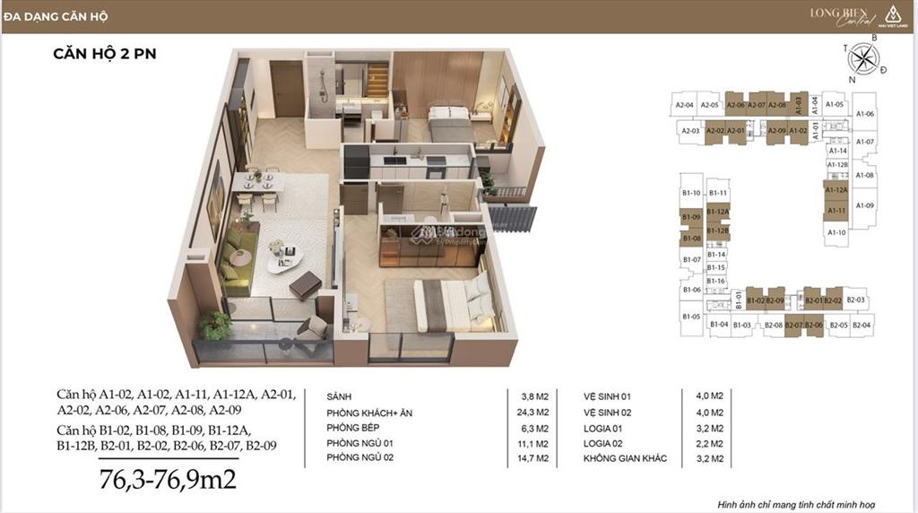 Bán chung cư long biên central, 9,4 tỷ, 76,8m2, 2pn, 2wc  căn hộ view nội khu hướng đông nam