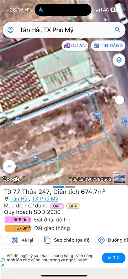 Chỉ 12,2tr/m2 đất trống mặt tiền ql51, ngay trạm thu phí, phú mỹ, 674.4m2(300m2 thổ cư). 0937 311 ***