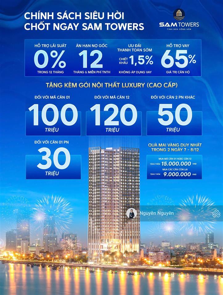 Căn hộ 2pn sam towers trực diện sông hàn đà nẵng, cam kết lợi nhuận 300 triệu/năm + ưu đãi t9/2025