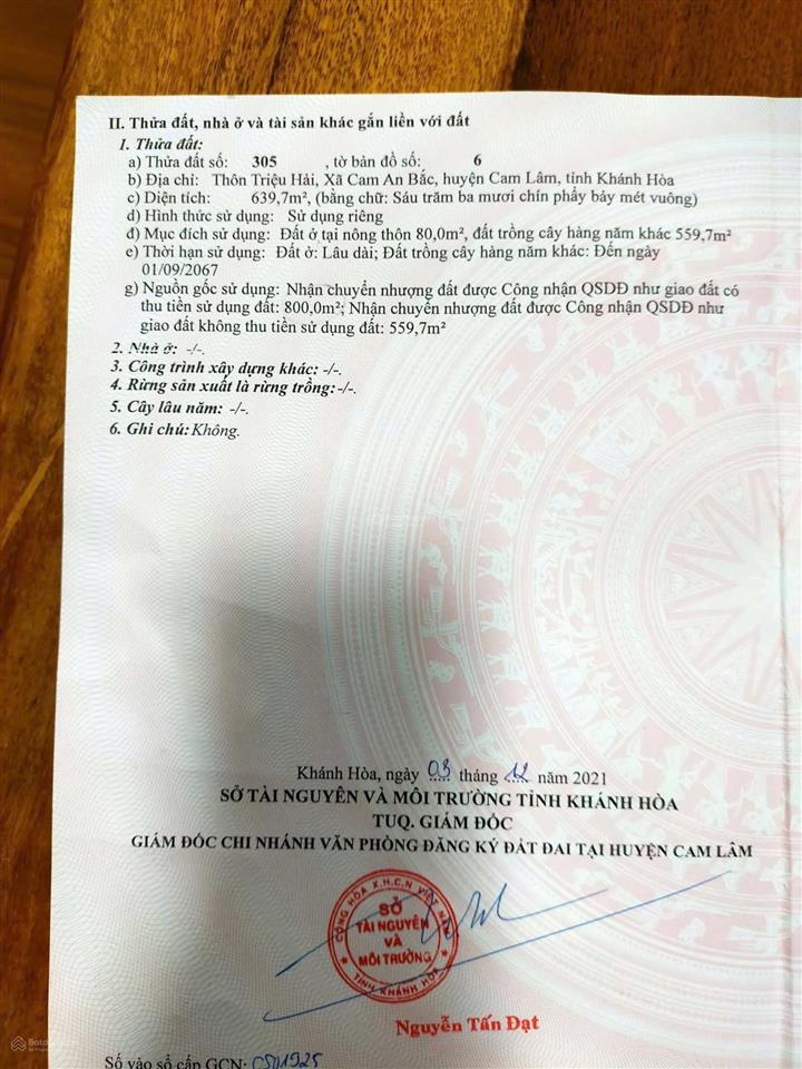 Bán lô đất thôn triệu hải, xã cam an bắc, huyện cam lâm, tỉnh khánh hoà