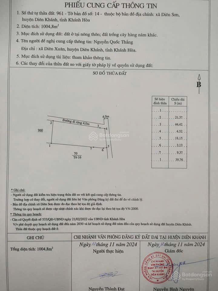 Bán đất tại xã diên sơn, 1000m2 200 thổ cư, mặt tiền 18m phù hợp đầu tư và làm nhà vườn
