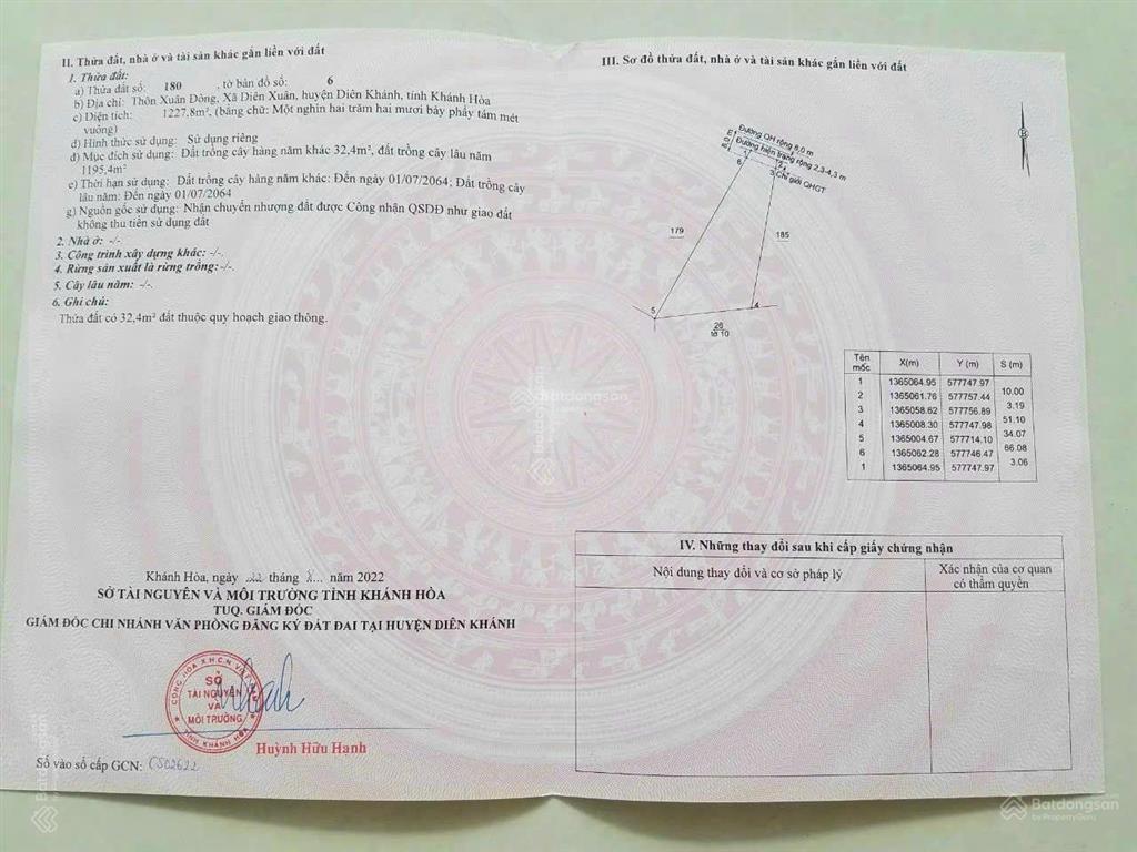 Cần bán lô đất cây lâu năm 1.227,8m2 xuân đồng, diên khánh, khánh hòa