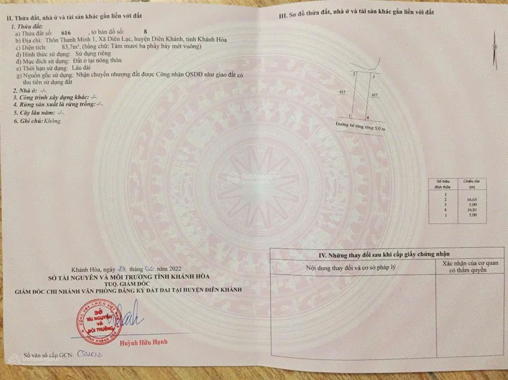 Cần bán lô đất thổ cư 83.7m2 trung tâm diên lạc, diên khánh, khánh hòa