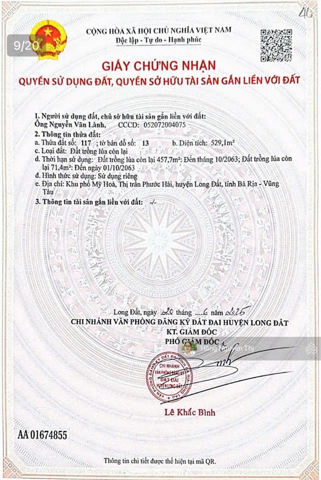 Mặt tiền tl44b xã phước hải. brvt kinh doanh buôn bán  dt 529m2 ngang 10m giá chỉ hơn 3 tỷ