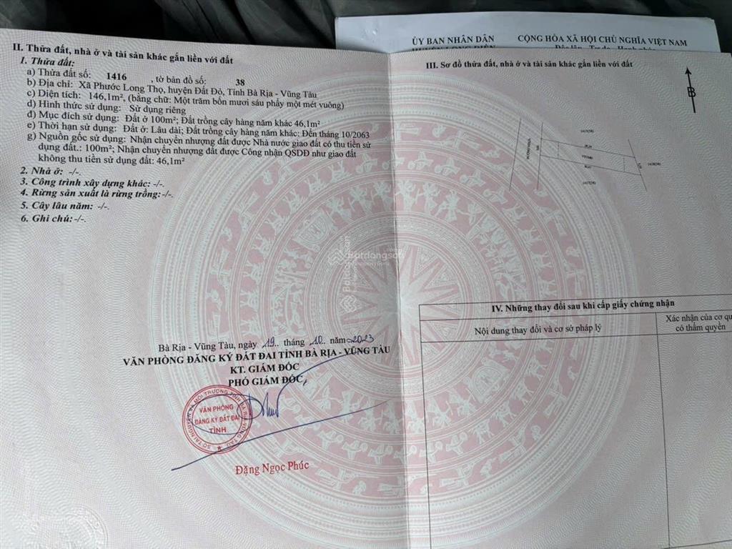 Bán lô đất đường nhựa lớn sát kcn xã đất đỏ, tp. hcm diện tích 146m2 (5x29m) thổ cư 100m2