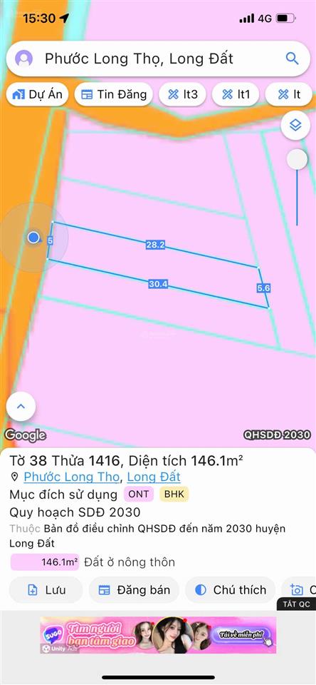 Bán lô đất đường nhựa lớn sát kcn xã đất đỏ, tp. hcm diện tích 146m2 (5x29m) thổ cư 100m2