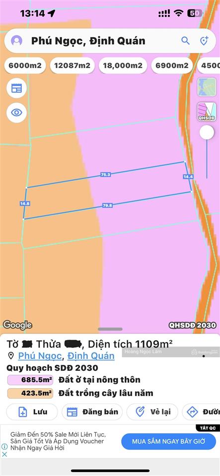 Cách quốc lộ 20 chỉ 300m lô đất biệt thự vườn 1109m2(14mx75m) có sẵn 100m2 thổ cư chỉ 1,35 tỷ