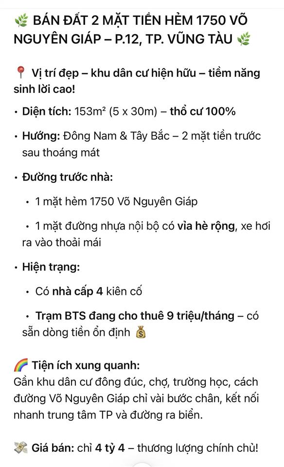 Bán đất 2 mặt tiền hẻm 1750 võ nguyên giáp, p.12, tp.vũng tàu có nhà cấp 4 & trạm bts cho thuê 9t