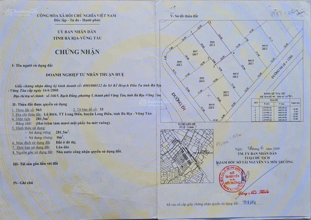 Chính chủ bán đất thổ cư 100%, 283m2 mt 12m, đường 11m có vỉa hè, long điền, cách tỉnh lộ 44a 100m