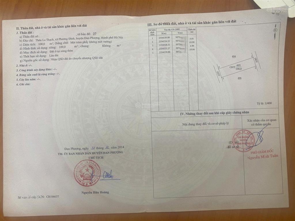 Lô 2 mặt tiền đường tl417 s= 100m mặt tiền 5m xã phương đình cách nút giao hoàng quốc việt 300 m