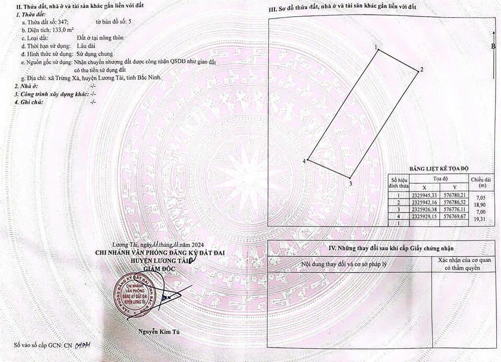 Chính chủ bán đất gần sân bay gia bình  bắc ninh. ô tô đỗ cửa dt 133m2 mt=h=7m giá 1,6 tỷ