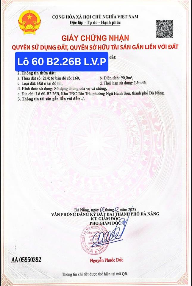 Bán lô đất đường lý văn phức, sát biển tân trà