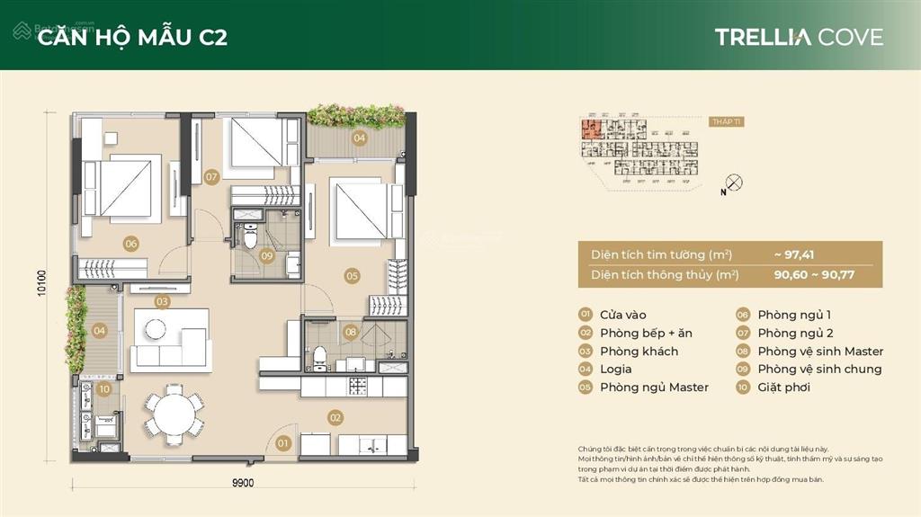 Căn hộ 3pn trellia  mizuki 97.4m2, 2 ban công thoáng mát, mua trực tiếp cđt, liền kề phú mỹ hưng