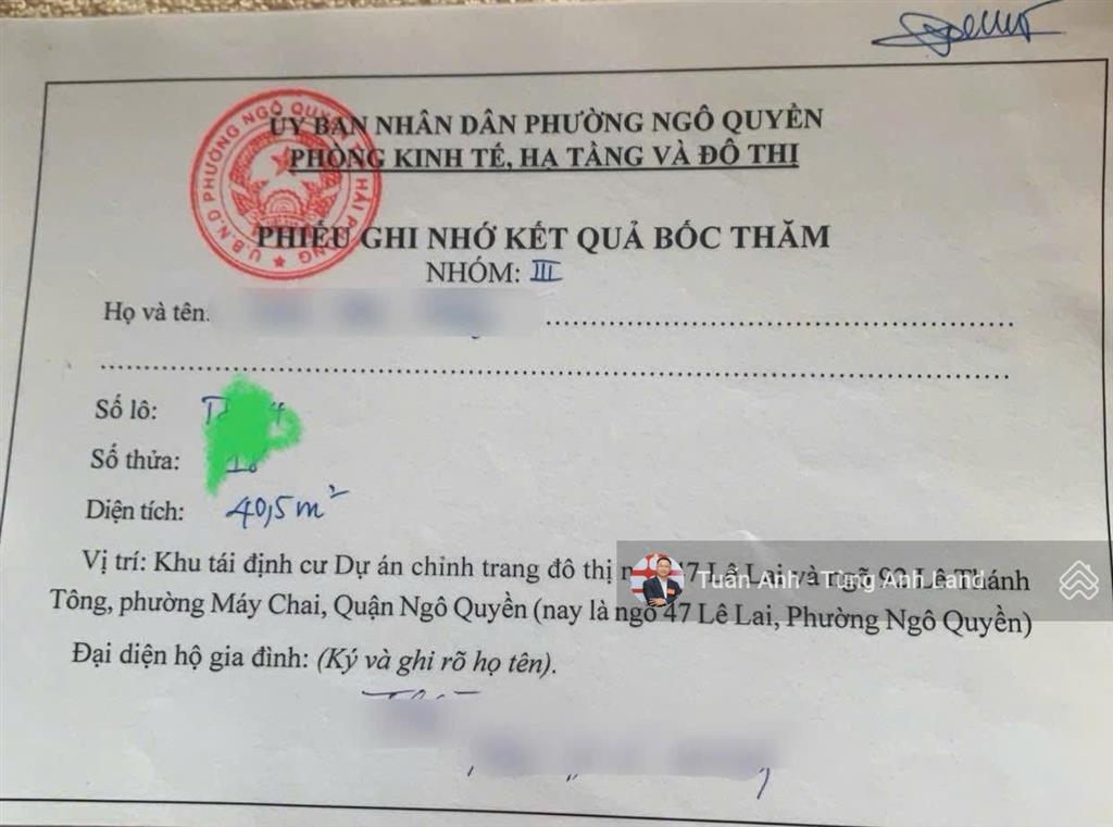 Chào bán phiếu lô 40,5m² tđc 47 lê lai, ngô quyền