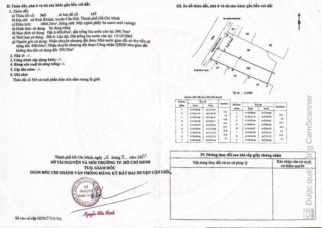 Bán đất 1000.30m2 tại đường ec, bình khánh, cần giờ, 10 tỷ thương lượng