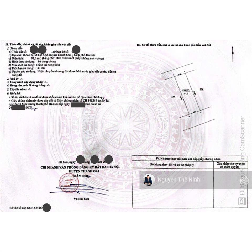 Chính chủ bán 91m2 đất thổ cư hai mặt tiền đường 5m ô tô tại xã cự khê hà nội cạnh đô thị thanh hà