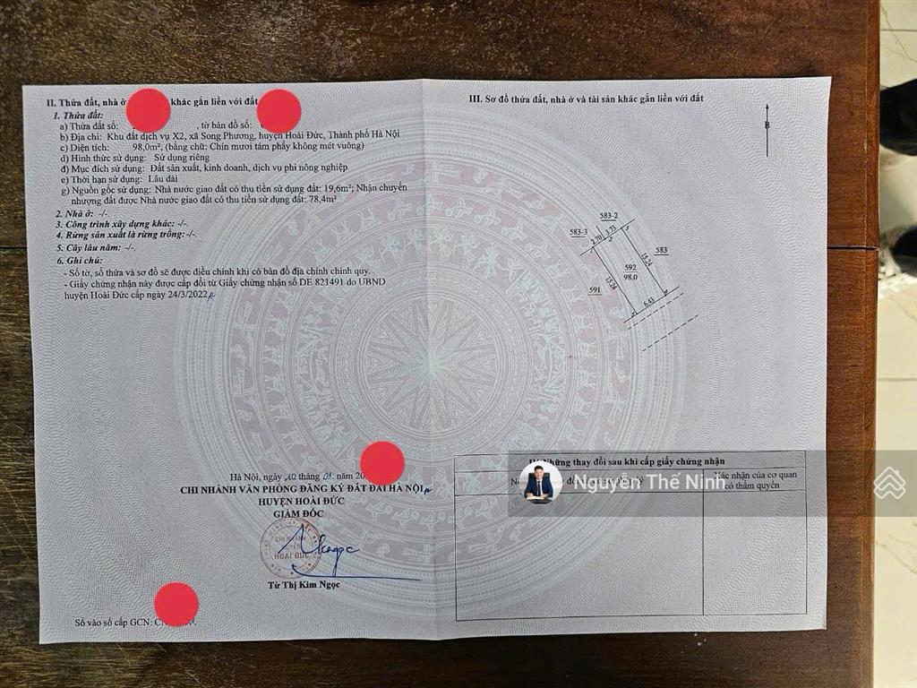 Chính chủ bán đất tại song phương, hoài đức, hà nội diện tích 98m2, mặt tiền 6,43m, giá đầu tư