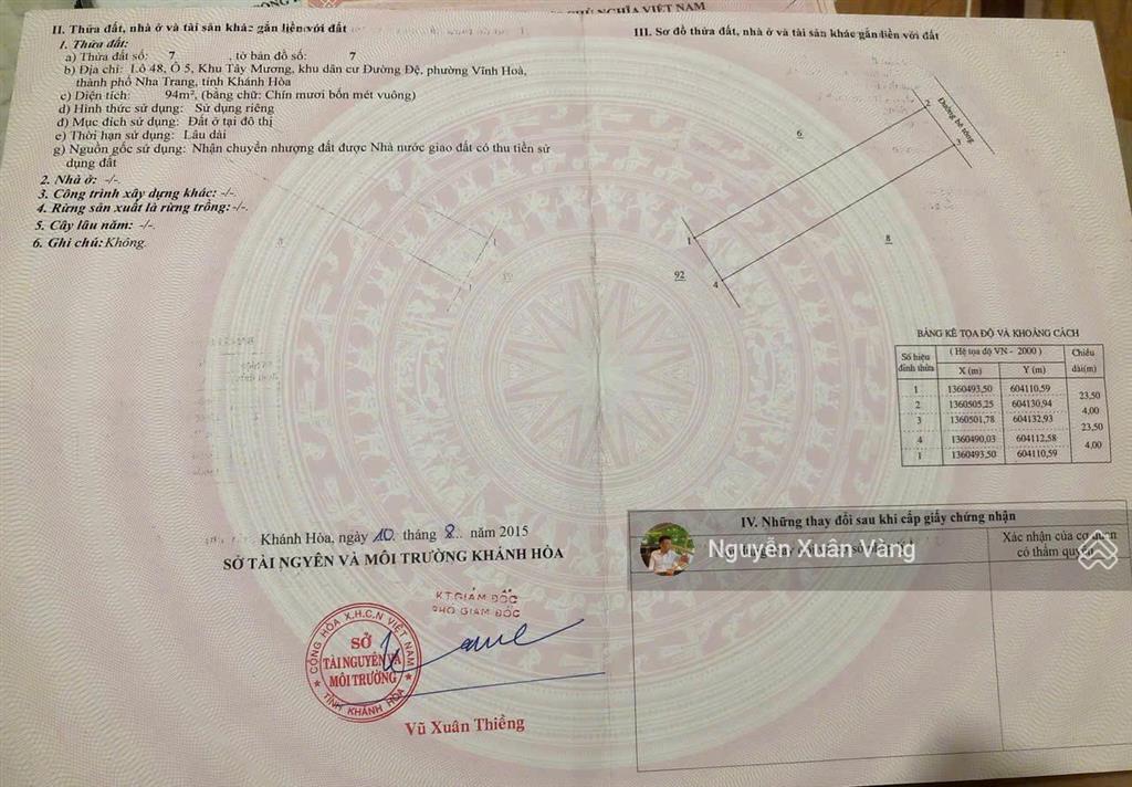 Bán đất  tdc vĩnh hoà  phường bắc nha trang ( khu bến du thuyền) 94m2 sổ đỏ full thổ cư + 4tỷ 100