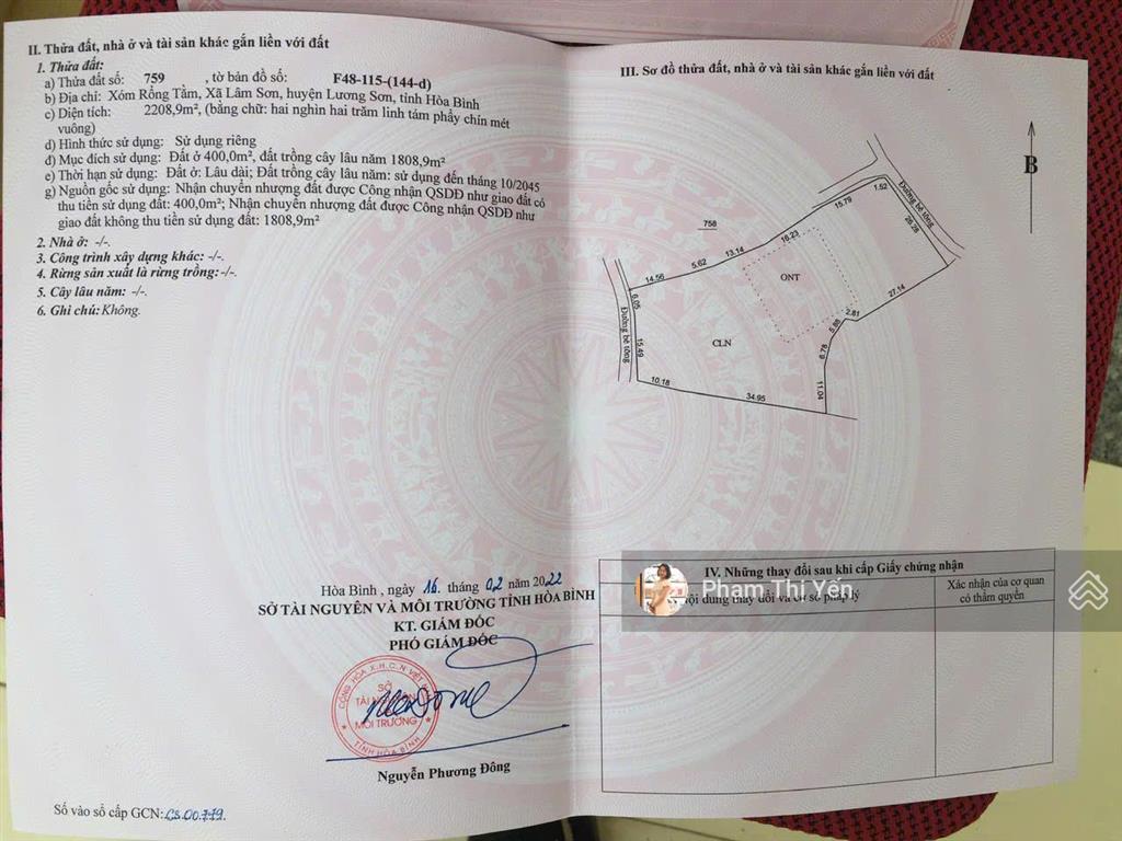 Chủ gửi bán lô đất nghỉ dưỡng 2 mặt đường trước, sau gần sân gôn phượng hoàng có 2208m2/400m2 ont