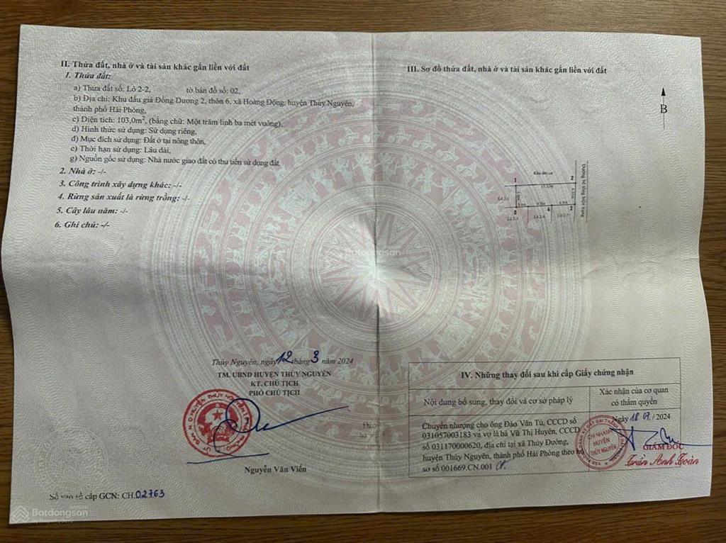 Bán đất tại hoàng động, thủy nguyên, hải phòng, giá siêu hời chỉ với 2,05 tỷ, 103m2