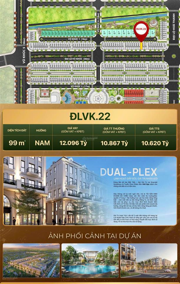 Bán liền kề 2 mặt tiền 99m² trục đường chính 36m(đại lộ vũ khúc). giá chỉ 10.620 tỷ