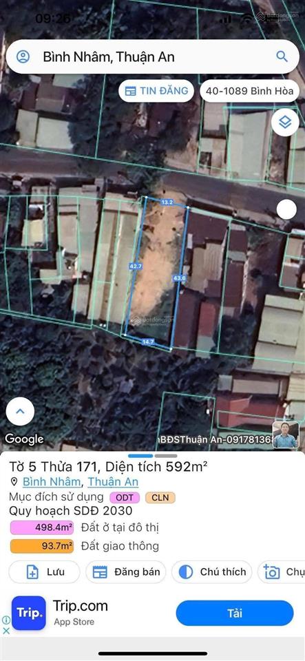 Đất 13,16 x 43 nở hậu mặt tiền đường cây me, bình nhâm, lái thiêu, tp. hcm.