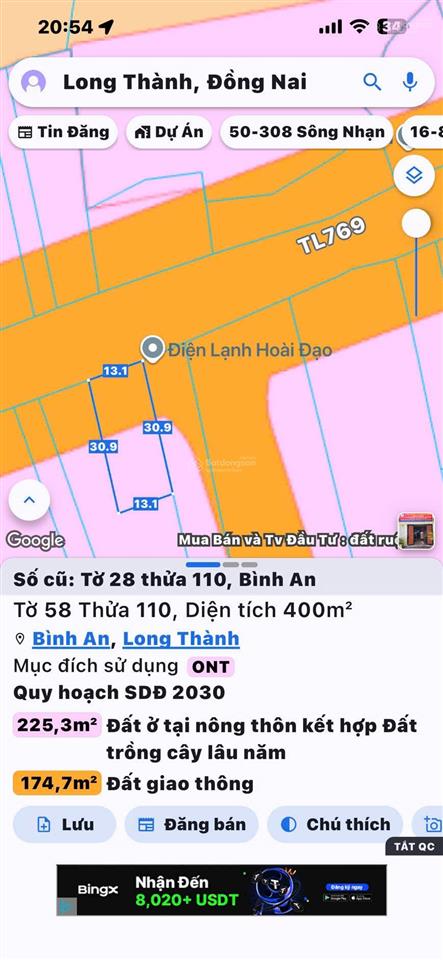 1070m2, 400m thổ cư mặt tiền đường tl769 bình an, long thành cách cổng sân bay 20p kinh doanh ok