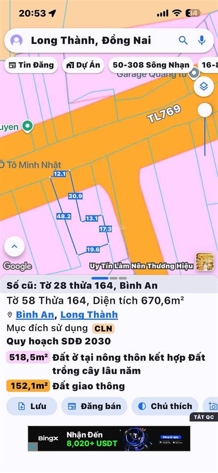 1070m2, 400m thổ cư mặt tiền đường tl769 bình an, long thành cách cổng sân bay 20p kinh doanh ok