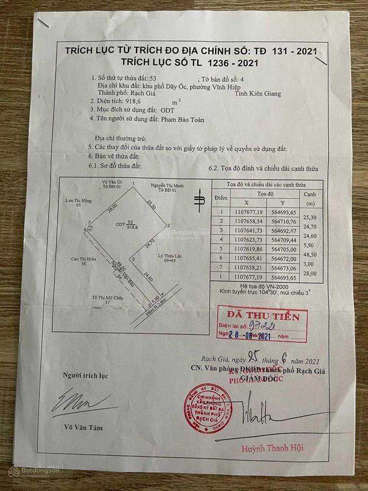 Bán 918m2 đất odt tp. rạch giá, kiên giang