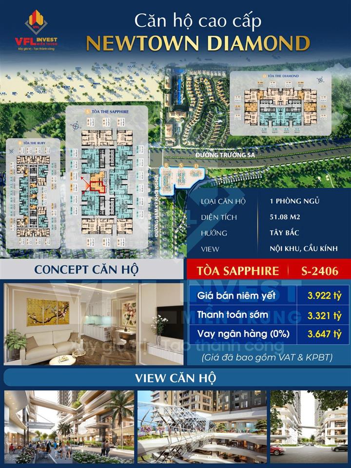 Bán căn 1pn view biển, sở hữu lâu dài, giá 3, x tỷ dự án newtown diamond, có hỗ trợ vay nh ls 0%