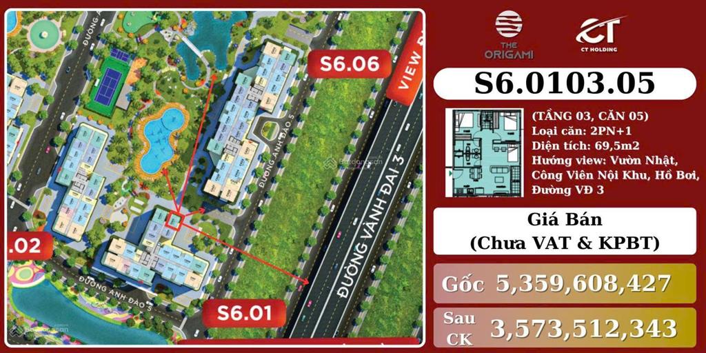 Căn hộ 2pn+1 origami giá gốc ck sốc 12,5 lượng vàng còn chỉ 3,573 tỷ phù hợp mua ở lẫn đầu tư