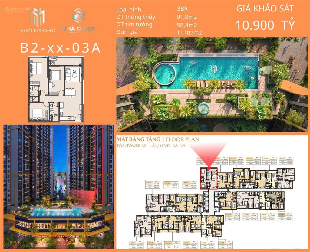 Bán căn 3pn masteri park place suất nội bộ hiếm  view hồ bơi tràn viền, vị trí kim cương giữa tgc