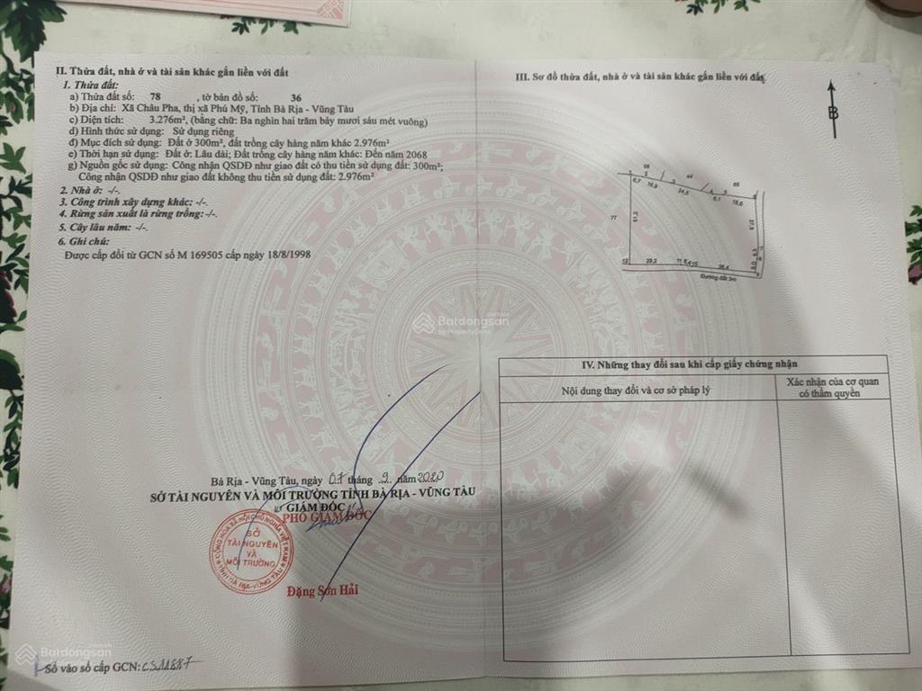 Đất tp. phú mỹ dt 3276m2 thổ cư 300m2 gần kcn sonadezi châu đức, cao tốc long thành sát tp. bà rịa