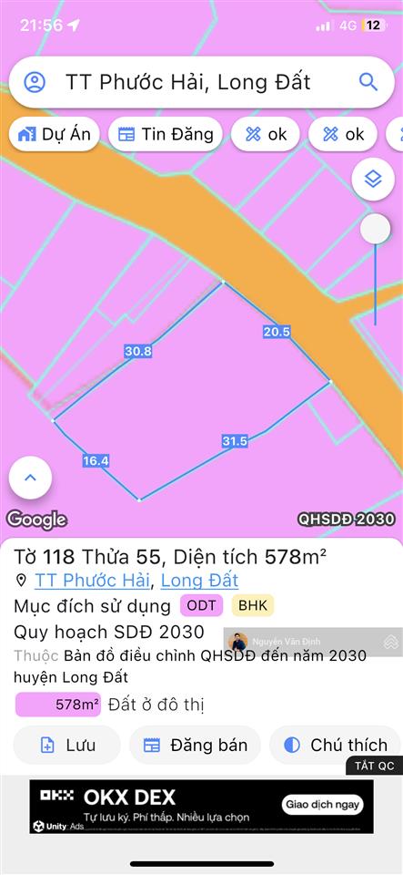 6.5 tỷ cực đẹp sổ sẵn, 580m2  có 20m mặt tiền  có 180 thổ cư giá 6ty5, đường ngô quyền trung tâm