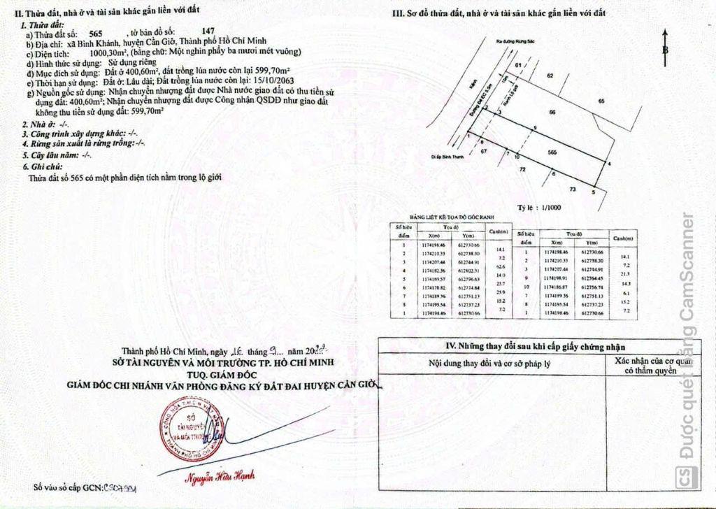 1000m đường EC có 400 đất ở, bình khánh, cần giờ, bán 10 tỷ
