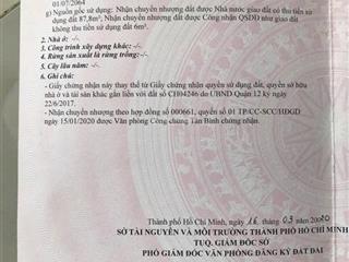 Bán lô đất vị trí tân thới nhất, quận 12, tphcm  dt 4,55mx17m nở hậu 6,30m  giá bán 3,9ty