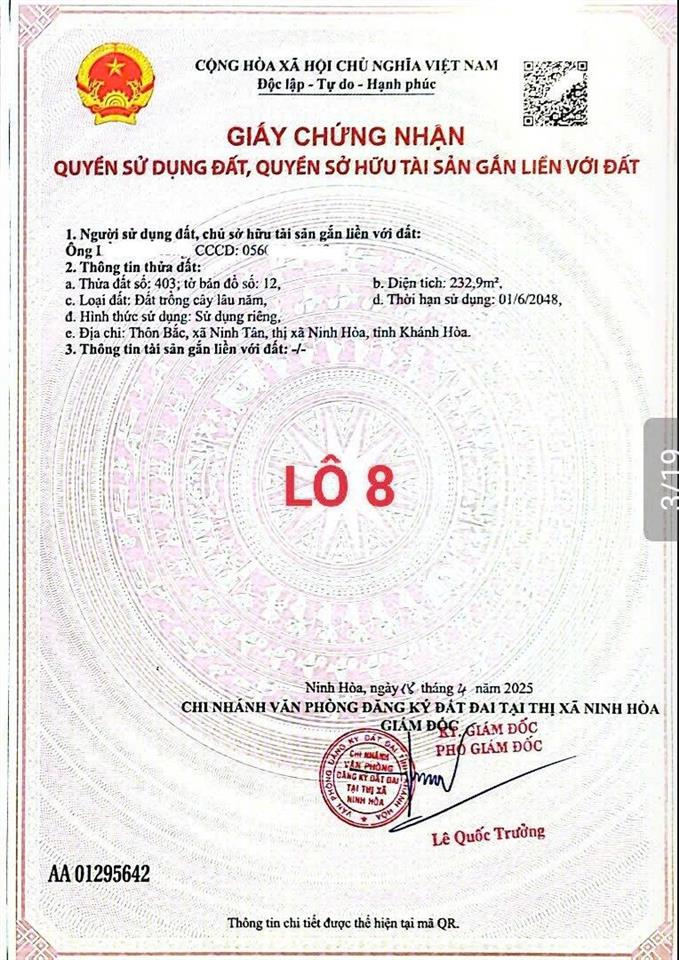 Bán lô đất full thổ cư giáp suối giá chỉ 299tr, diện tích trên 200 m2 tại ninh tân, ninh hoà