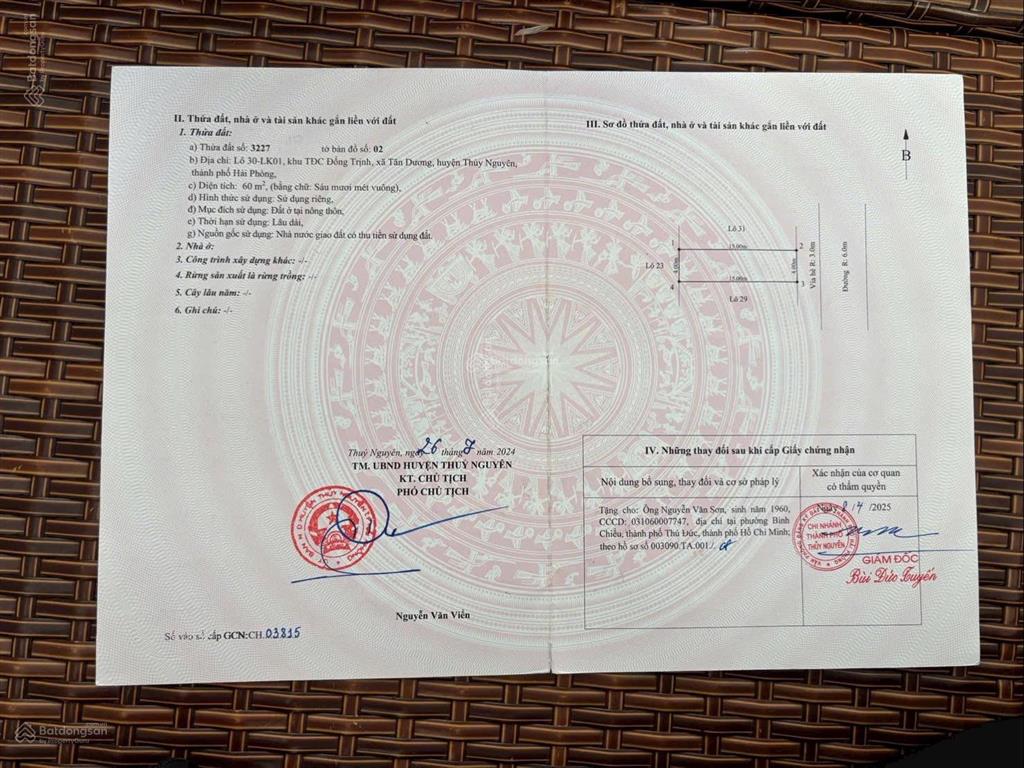 Bán lô 30 lk 01 tđc đống trịnh  tân dương thủy nguyên dt 60m2 ngang 4m đức 0383 196 ***(zalo)
