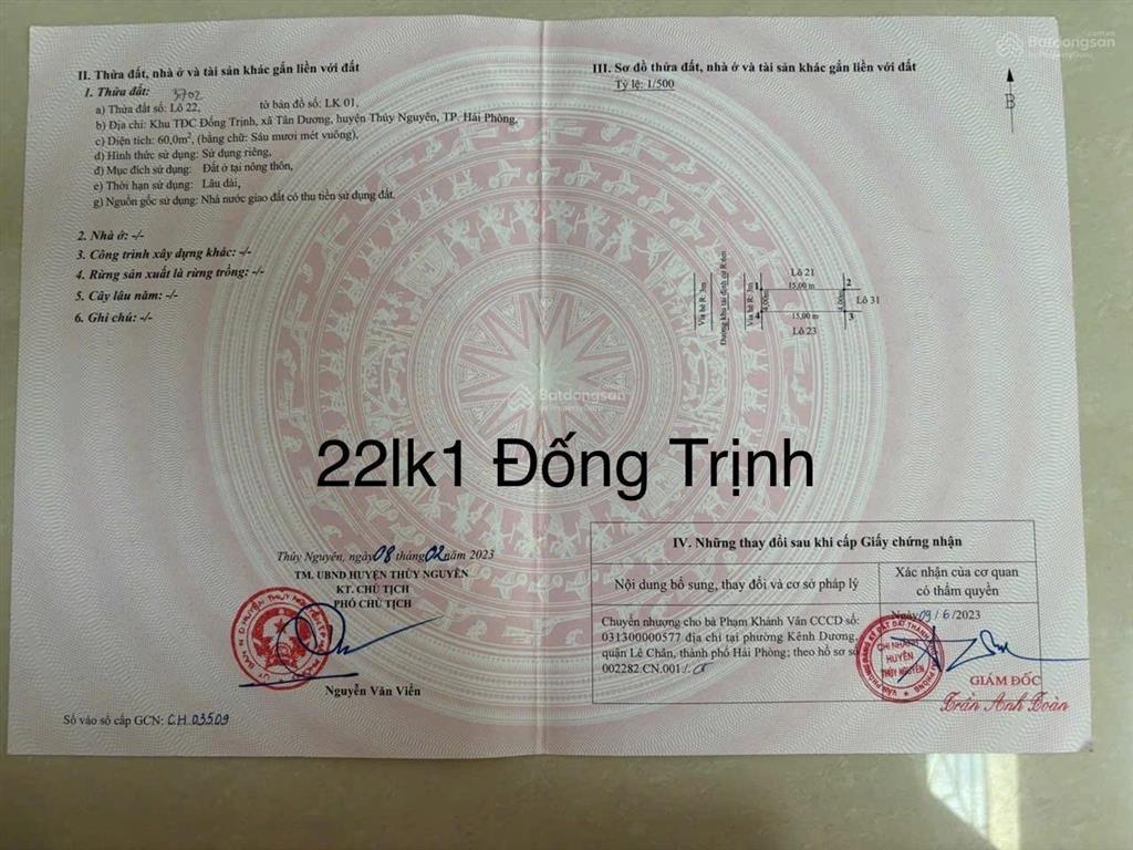 Bán lô 30 lk 01 tđc đống trịnh  tân dương thủy nguyên dt 60m2 ngang 4m đức 0383 196 ***(zalo)
