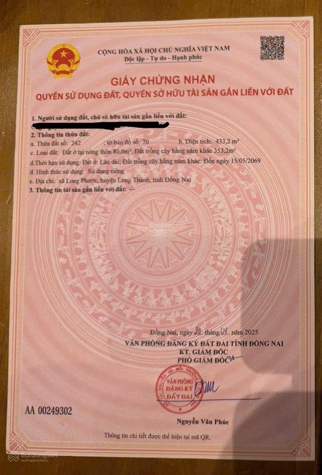 Bán đất tại xã long phước, 4,6 tỷ, 433,2 m2, mặt tiền 14,6m, pháp lý đầy đủ
