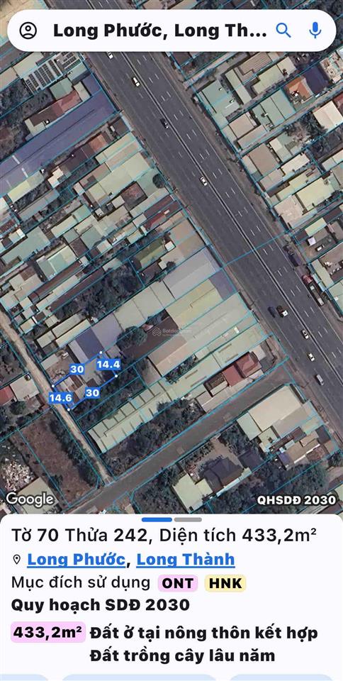 Bán đất tại xã long phước, 4,6 tỷ, 433,2 m2, mặt tiền 14,6m, pháp lý đầy đủ