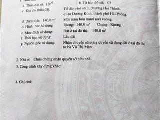 Bán đất tại hải thành, dương kinh, 20 triệu / m2, 140 m2, ngang 4m, cách chợ hải thành 150m