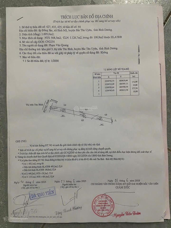 Cần bán hơn 1,5 mẫu đất mặt tiền dt 742 xã bình mỹ tân uyên bình dương