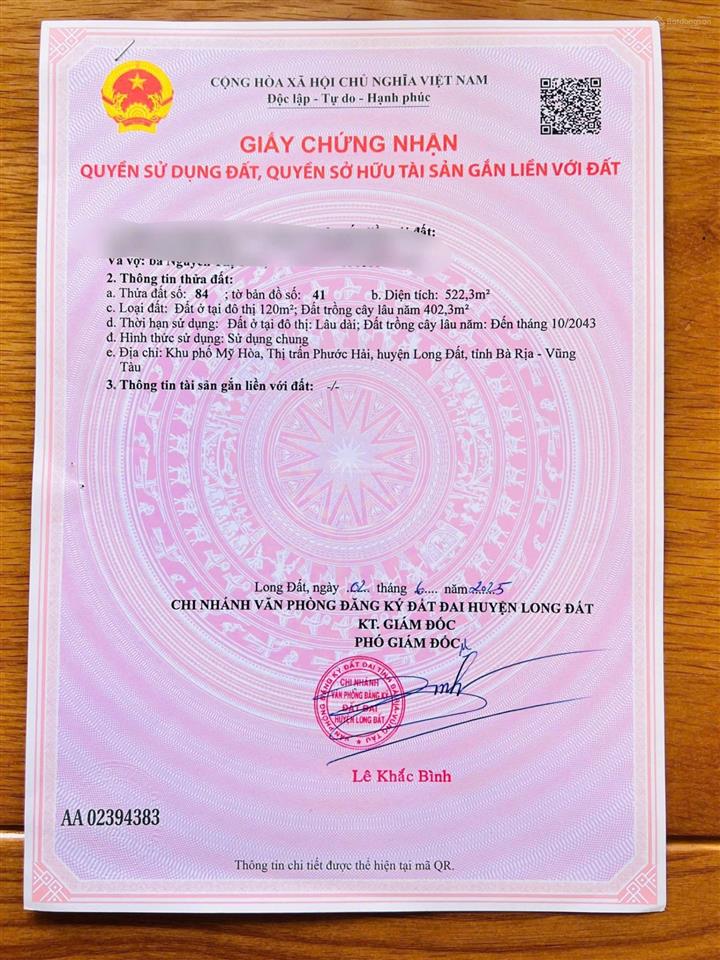 Duy nhất lô 522m2 ngang 15m, thị trấn phước hải  brvt diện tích 522m2 (15x35m) thổ cư 120m2