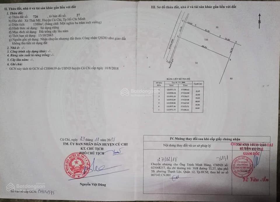 Chủ ngộp bán gấp miếng đất 1300m2 giá 1 tỷ 550 mặt tiền đường tam tân, xã thái mỹ, huyện củ chi