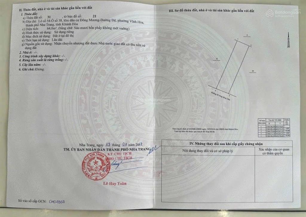 Bán đất hòn xện, vĩnh hoà, dt 128 m2, ngang 8m, hướng tây nam, đường 5m  giá 7,93 tỷ