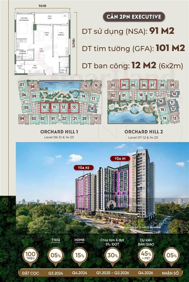 Bán căn 2pn tầng 09 diện tích 101m2 ban công rộng 12m giá 4.55 tỷ, view hồ điều hòa và công viên